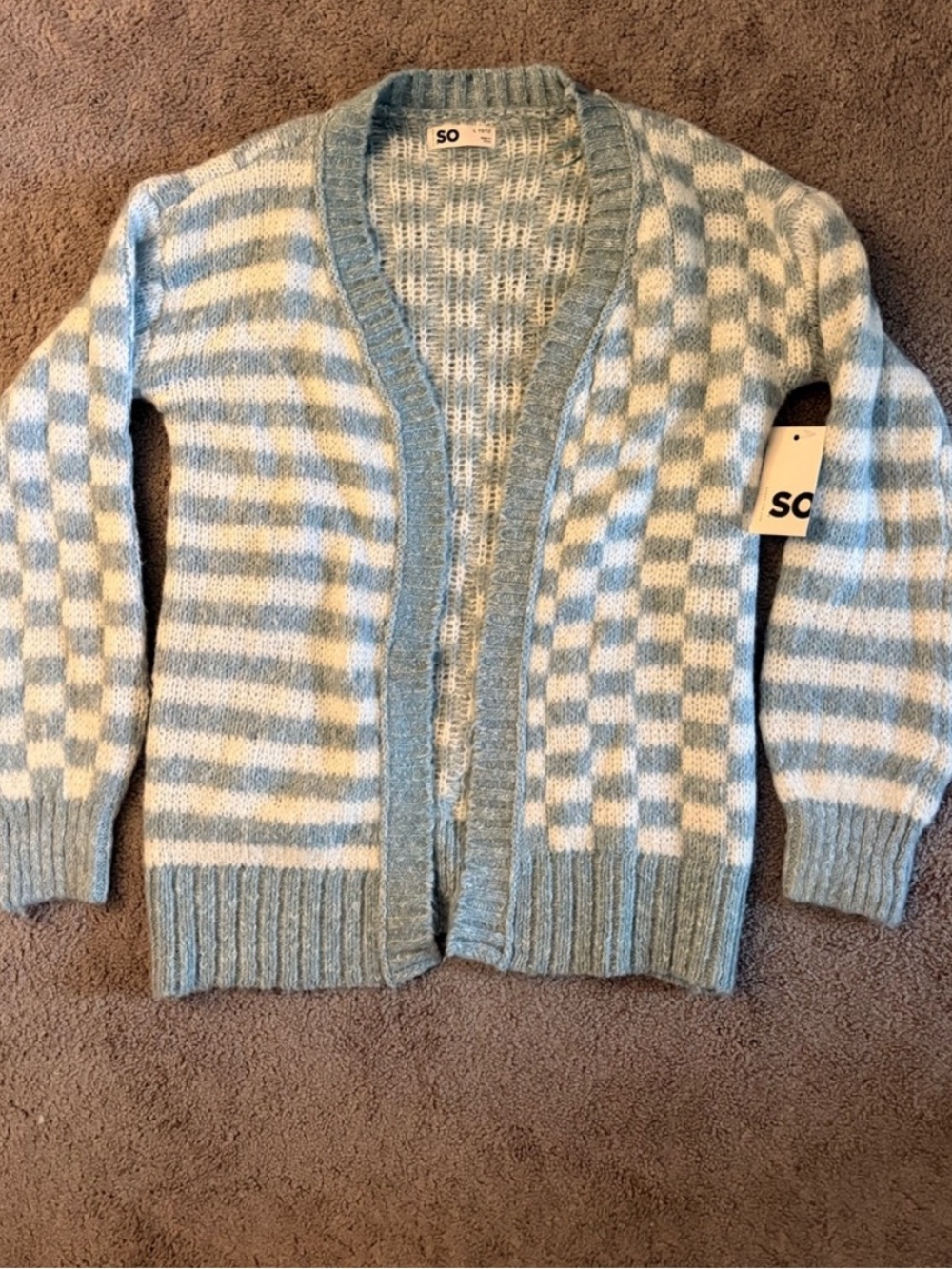 SO Light Blue and Cream Checked Open-Front Cardigan Juniors